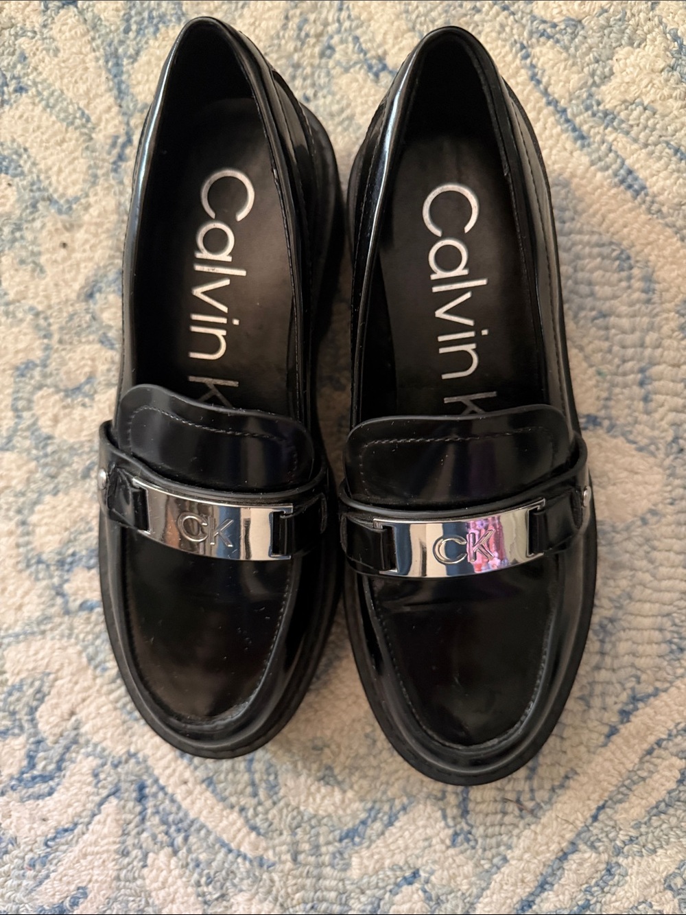 Calvin Klein Black Patent Loafers with Silver CK Accent